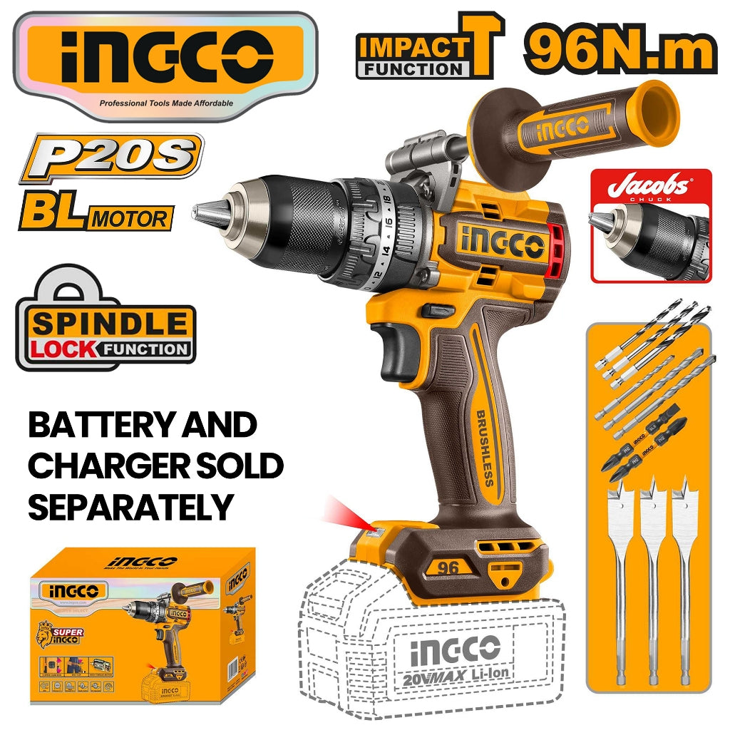Ingco P20S 20V Lithium-Ion Brushless Cordless Impact Drill 96N.m CIDLI209685 ING-CT