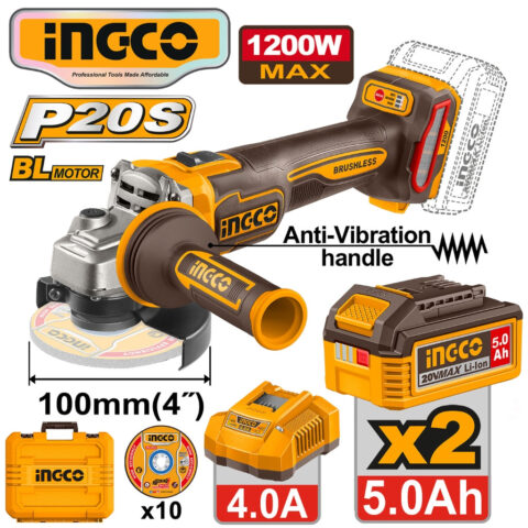 Ingco  P20S/20V Brushless Lithium-Ion Cordless Angle Grinder 1200W (4") CAGLI212023 ING-CT