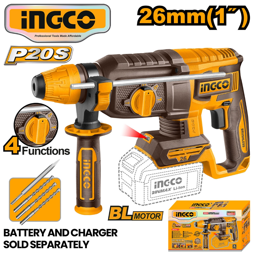 Ingco P20S/20V Cordless 4 Functions Rotary Hammer 26mm (1") CRHLI20268 ING-HT