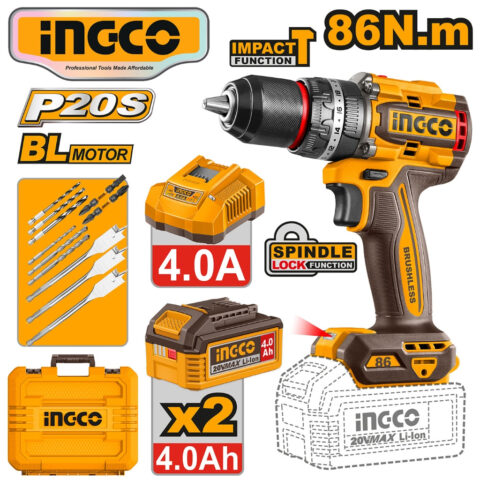 Ingco P20S/20V Lithium-Ion Brushless Cordless Impact Drill 86N.m CIDLI208682 ING-CT