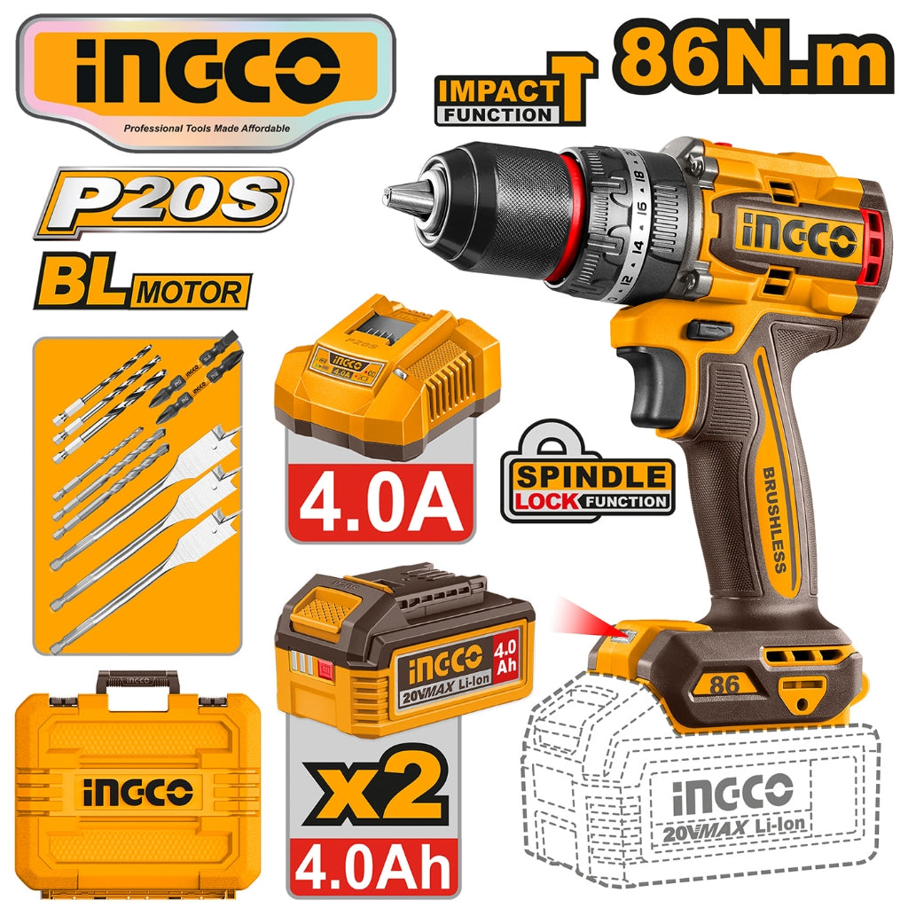Ingco P20S/20V Lithium-Ion Brushless Cordless Impact Drill 86N.m CIDLI208682 ING-CT