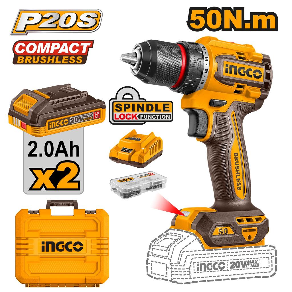 Ingco P20S 20V Lithium-Ion Brushless Cordless Drill 50N.m CDLI205062 ING-CT