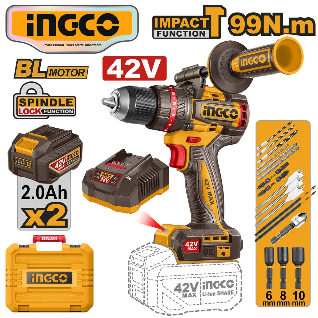 Ingco P20S 42V Lithium-Ion Brushless Cordless Impact Drill 99N.m CIDLI429982 ING-CT