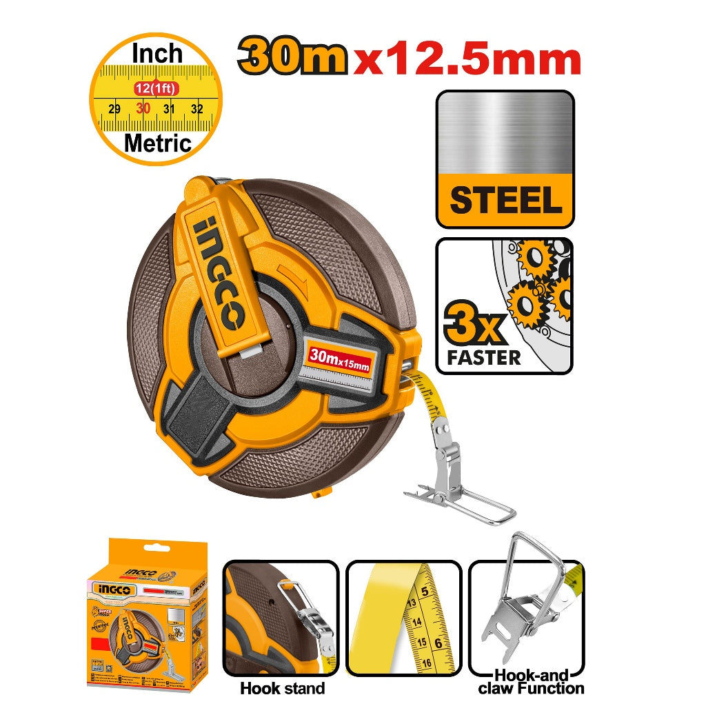 Ingco Fast Rewind Steel Measuring Tape 30M x 12.5mm | 30M/100FT HSMT0830 ING-HT - Image 2