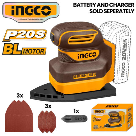 INGCO 20V Cordless Palm Sander Lithium-Ion Brushless Detail Sander for Wood Metal Surface Finishing