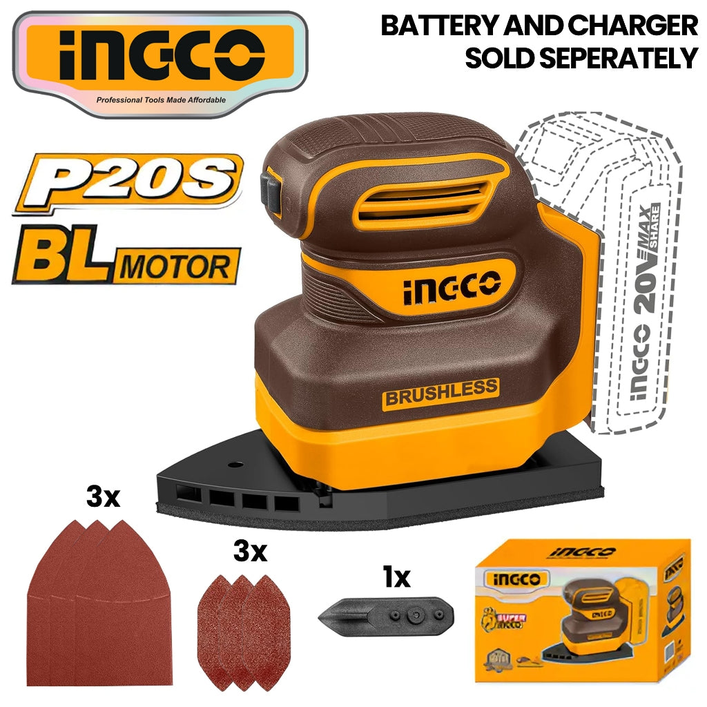 INGCO 20V Cordless Palm Sander Lithium-Ion Brushless Detail Sander for Wood Metal Surface Finishing