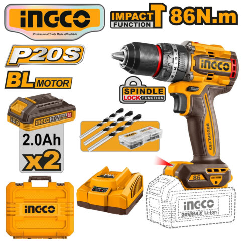 Ingco P20S 20V Lithium-Ion Brushless Cordless Impact Drill 86N.m CIDLI208687 ING-CT