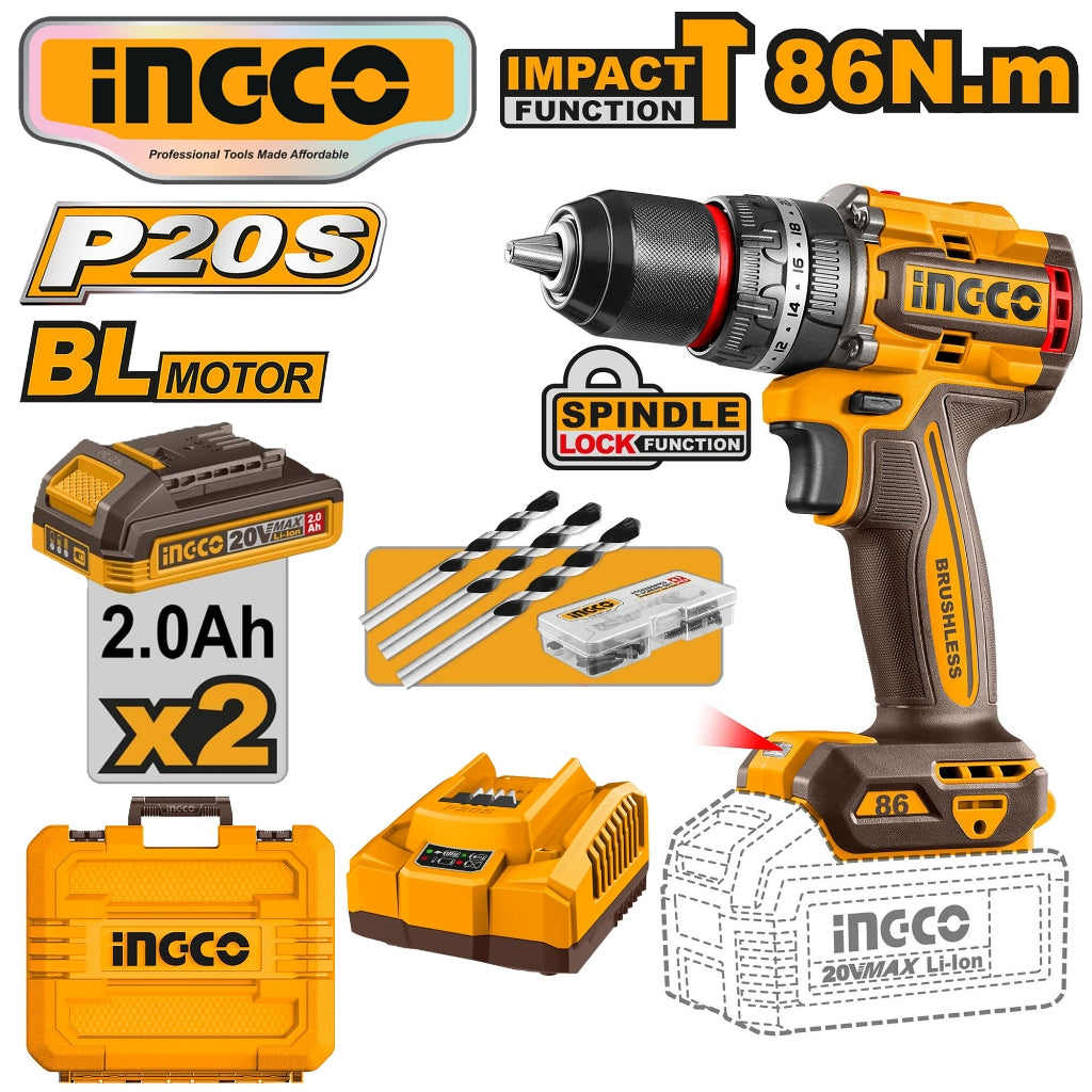 Ingco P20S 20V Lithium-Ion Brushless Cordless Impact Drill 86N.m CIDLI208687 ING-CT