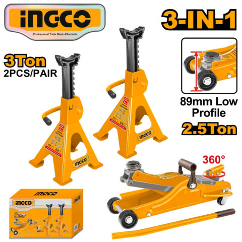 Ingco 2.5 Ton Floor Jack and 2×3 Ton Jack Stands Combo Set – HJCS2503 ING-HT