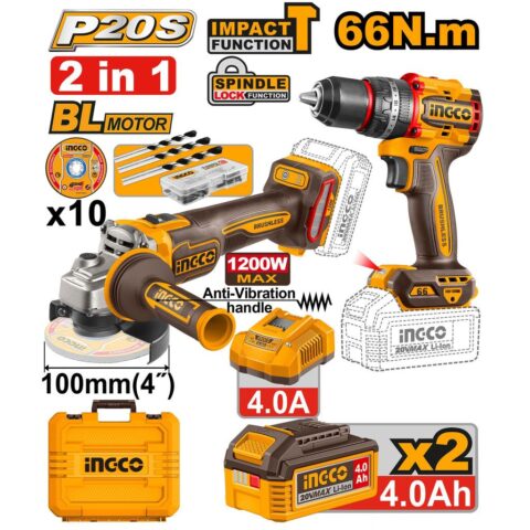 Ingco 2pcs Cordless Combo Kit 20V Cordless Grinder and Cordless Impact Drill CKLI2025610 (ICO)