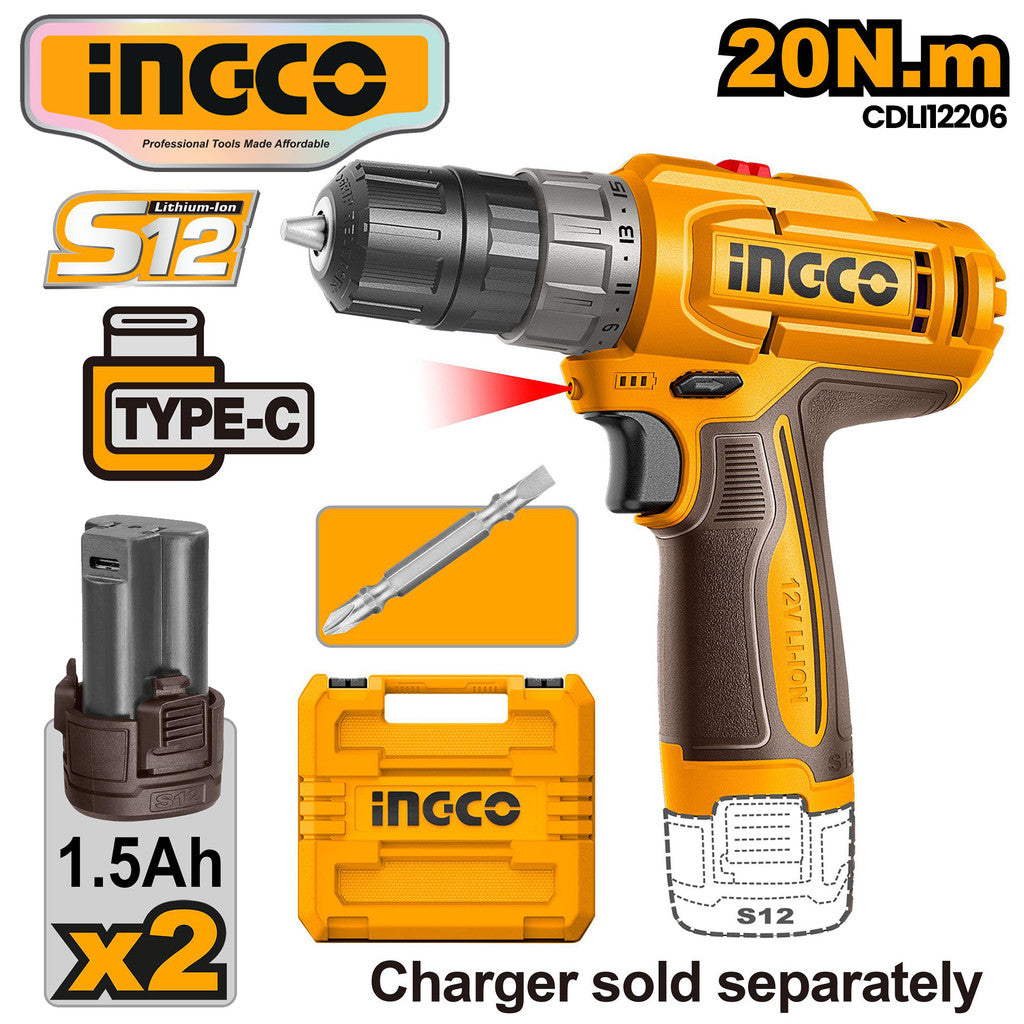 Ingco Lithium-Ion S12 Cordless Drill 12V 20N.m with Battery ING-CT