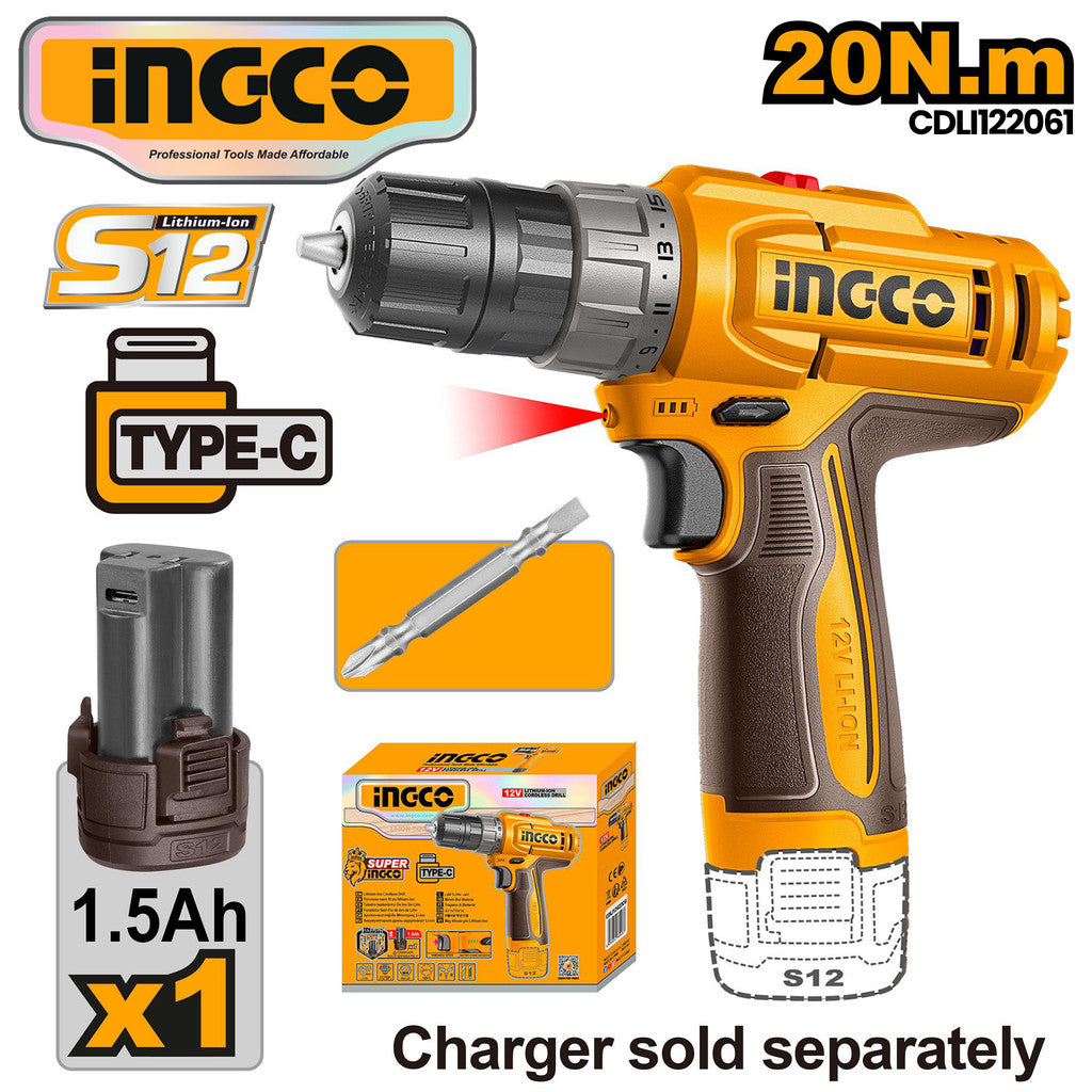 Ingco Lithium-Ion S12 Cordless Drill 12V 20N.m with Battery ING-CT - Image 2
